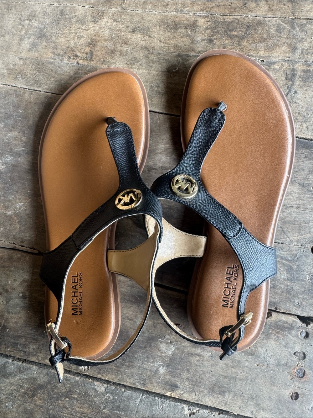 Michael Kors Women’s Size 6M Black Gold Logo Thong Sandals Ankle Strap